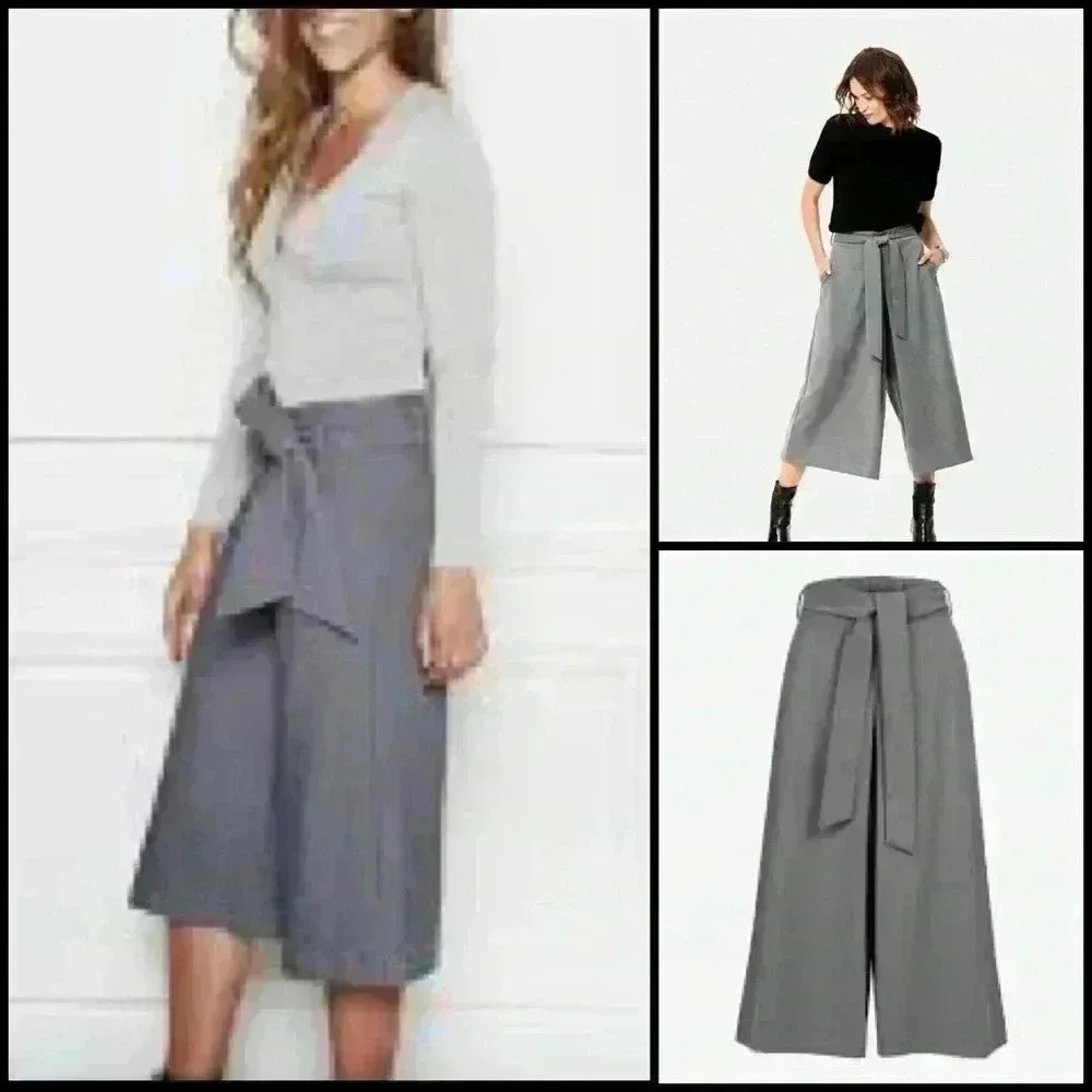 AELLA Los Angeles Gray Culotte Trouser Tie Waist Office Business Pants Size 8